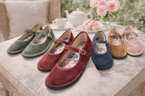 Chaussures Mary Jane en Velours Vintage pour Femme – Ballerines à Bout Rond Cousues Main – Design Élégant à Semelle Imprimé Floral