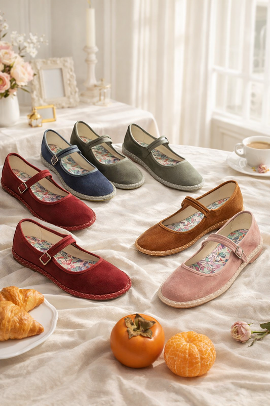 Chaussures Mary Jane en Velours Vintage pour Femme – Ballerines à Bout Rond Cousues Main – Design Élégant à Semelle Imprimé Floral