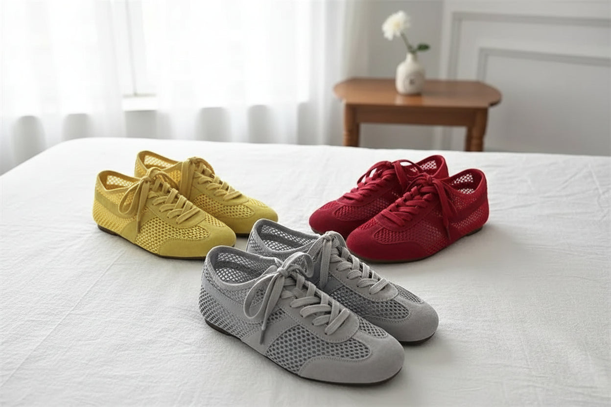 Chaussures Femme 2026 – Baskets Casual Confortables, Lacets Plats, Cuir Véritable & Mesh Respirant