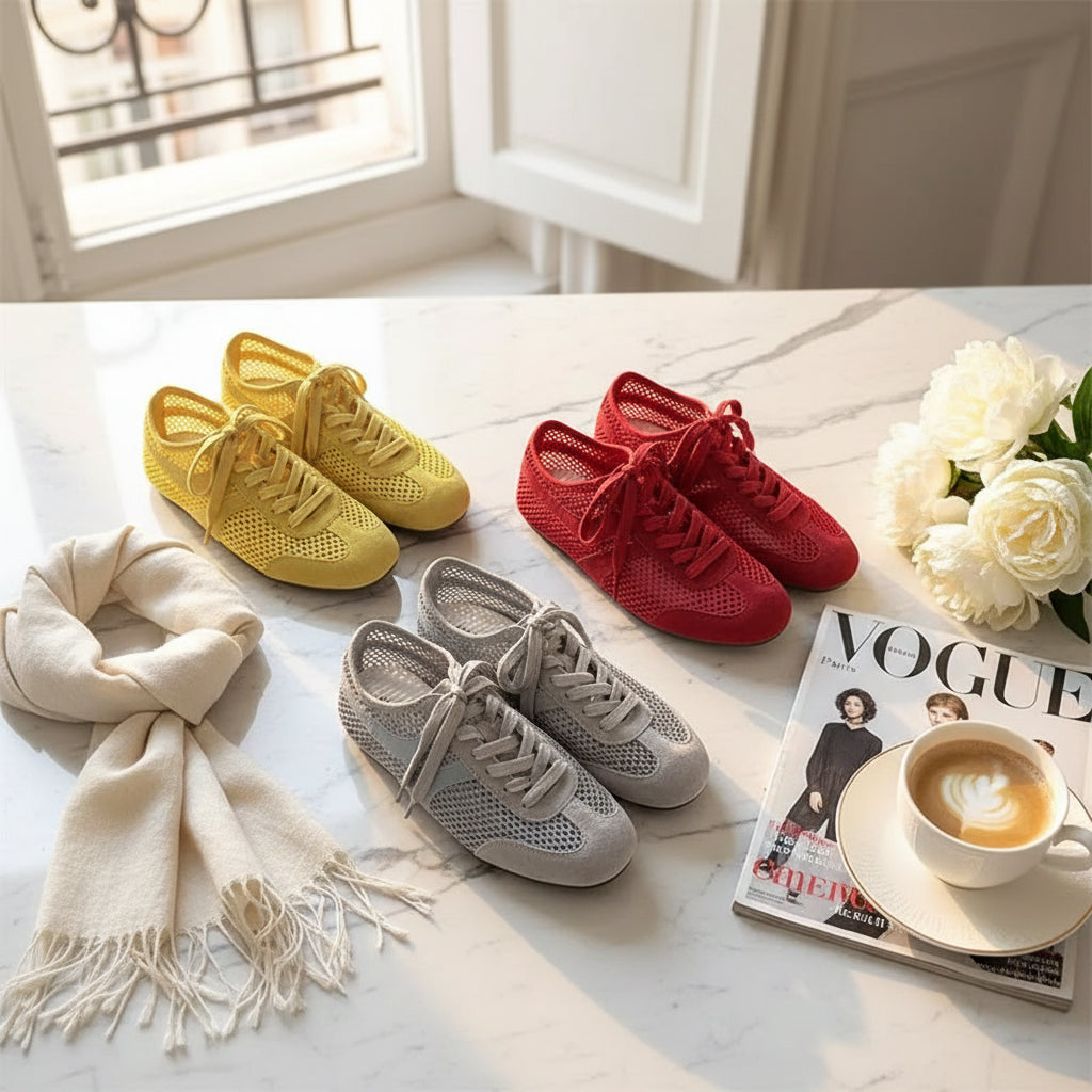 Chaussures Femme 2026 – Baskets Casual Confortables, Lacets Plats, Cuir Véritable & Mesh Respirant