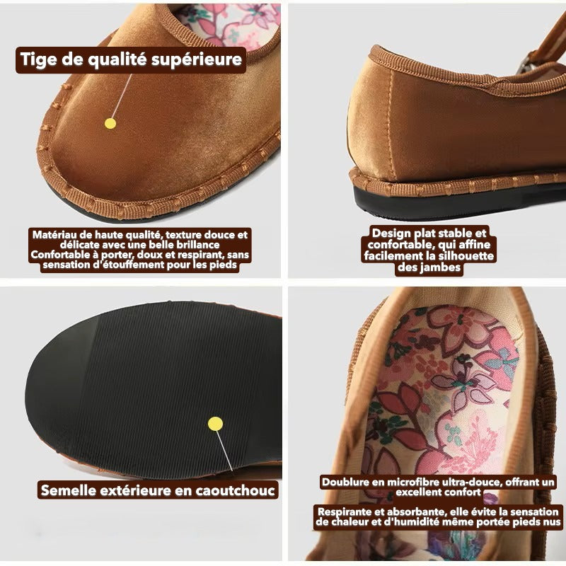 Chaussures Mary Jane en Velours Vintage pour Femme – Ballerines à Bout Rond Cousues Main – Design Élégant à Semelle Imprimé Floral
